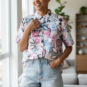 Vintage Abstract Art Multi-Color Patterned Button-Up Fishtail Shirt Sz S